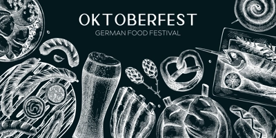 German food background on chalkboard. Oktoberfest menu design. Vector meat dishes sketches. German cuisine banner in vintage style. Traditional Food festival illustration. Beer hand drawing